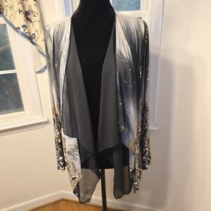 DressBarn Cardigan‎ L Gray Black Gold Sequins Paisley Open Front Layering Size L
